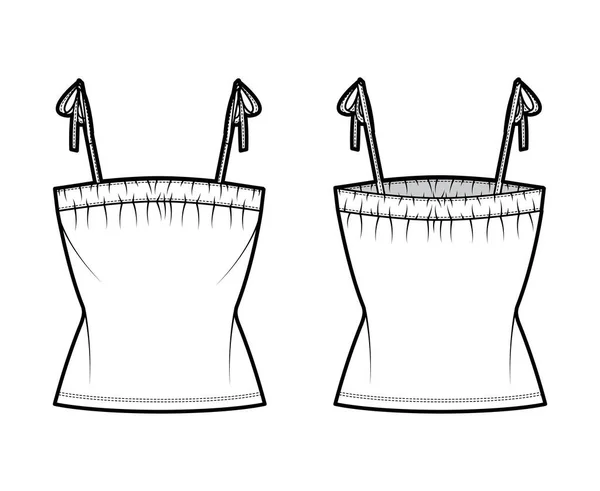 Tank vázanka popruh top technické módní ilustrace se shromážděné ruching na krku, montované tělo, délka tuniky. Ploché oblečení — Stockový vektor