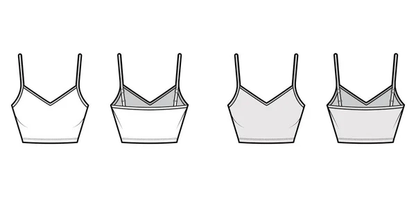 Beskär Camisole V-ringad bomull-jersey topp teknisk mode illustration med tunna justerbara band, smal passform Platt outwear — Stock vektor