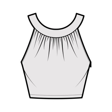 Kırpılmış üst yuvarlak boyunluk tankı teknik moda illüstrasyonları, takılı, düğmeli anahtar deliği, bel uzunluğu. 