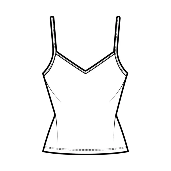 Camisole V neck algodão-jersey top ilustração de moda técnica com tiras ajustáveis finas, ajuste fino, comprimento da túnica —  Vetores de Stock