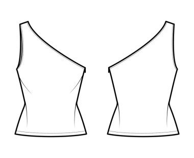 Tek omuzlu, tek kollu, ince gövdeli, tunik kenarlı, teknik moda çizimi. Düz gömlek giysisi.