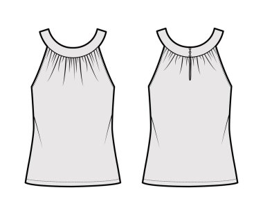 Üst düzey boyun bandı, teknik moda illüstrasyonu, büyük boy, düğme deliği, tunik uzunluk aşımı