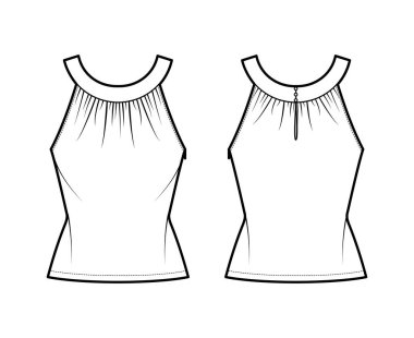 Üst düzey boyun bandı, teknik moda illüstrasyonu. Kabarık, uyumlu vücut, düğme deliği, tunik uzunluk.. 