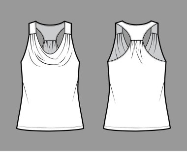Tank yarış önlüğü, en iyi teknik moda illüstrasyonudur. Çırpma, büyük boy, tunik uzunluklu. Düz giyimli üstlük.
