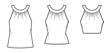 Tops 'un yuvarlak boyun bandı teknik moda illüstrasyonları, geniş beden, tunik, bel uzunluğu...