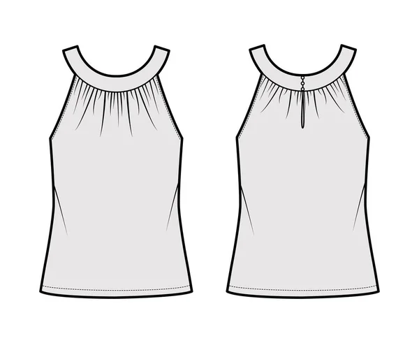 Top abgerundetes Halsband Tank technische Mode Illustration mit Rüschen, Übergröße, Knopf Schlüsselloch, Tunika Länge Outwear — Stockvektor