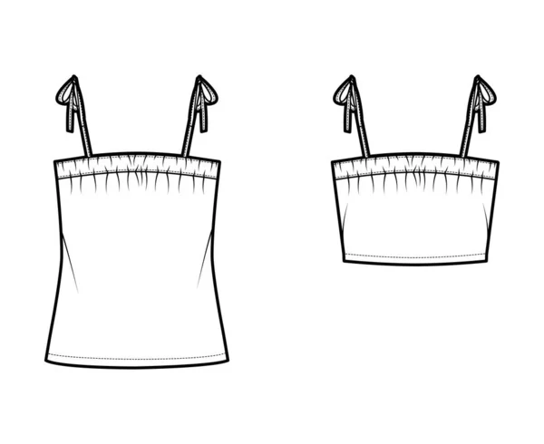 Ensemble de débardeurs cravate strap tops illustration de mode technique avec rucher, surdimensionné, tunique et longueur de taille. Vêtements plats — Image vectorielle