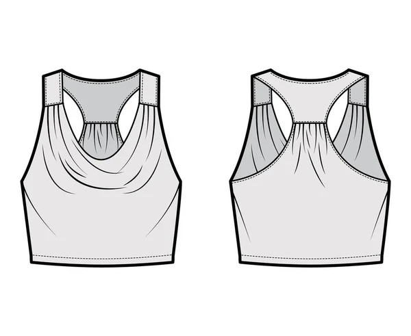 Tanque racerback capuz colheita top técnica ilustração de moda com ruching, oversized, comprimento da cintura. Roupa de vestuário plana — Vetor de Stock