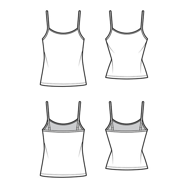 Set of Camisoles scoop neck cotton-jersey top technical fashion illustration with thin straps, slim and oversized fit