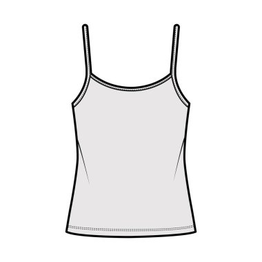 Gecelik kepçe yaka pamuk-forma ince ayarlanabilir kayışlı, büyük beden düz giyimli en iyi teknik moda illüstrasyonu.