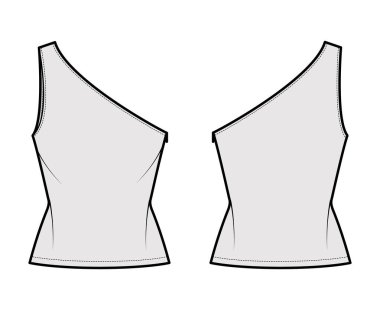 Tek omuzlu, tek kollu, ince gövdeli, tunik kenarlı, teknik moda çizimi. Düz gömlek giysisi.