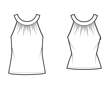 Set of Tops rounded neck band tank technical fashion illustration with ruching, fitted and oversized body, tunic length