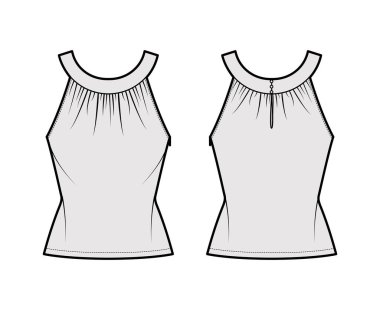 Üst düzey boyun bandı, teknik moda illüstrasyonu. Kabarık, uyumlu vücut, düğme deliği, tunik uzunluk.. 