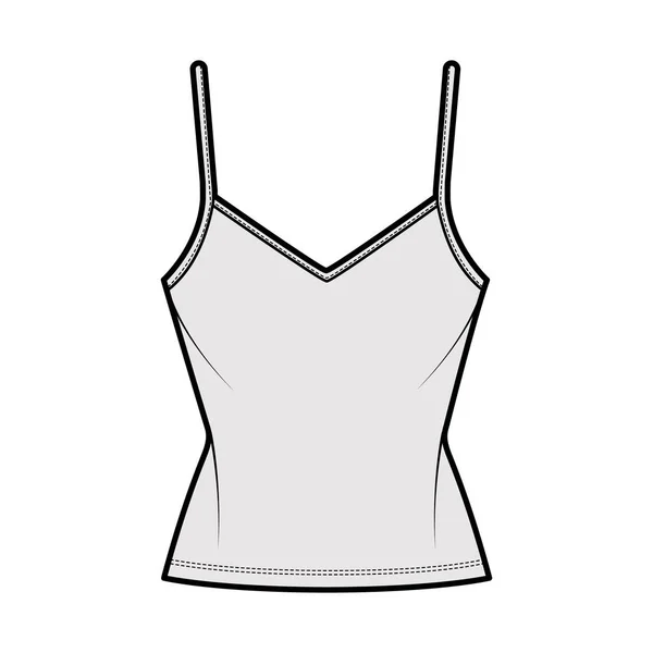 Camisole V-подібна бавовняна майка верхньої технічної ілюстрації моди з тонкими регульованими ремінцями, тонкою підголівкою, довжина туніки — стоковий вектор