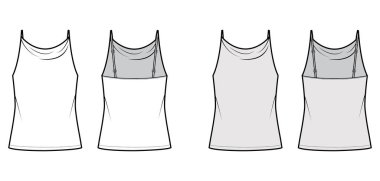 Yüksek tanklı Camisole teknik moda illüstrasyonu ince ayarlanabilir kayışlar, büyük beden tunik uzun düz giysi