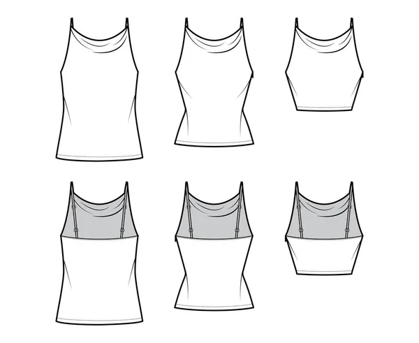 Set of Tanks high cowl Camisole technical fashion illustration with empire seam, thin adjustable straps, Crop or tunic — Stockvector