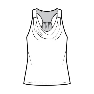 Tank yarış önlüğü, en iyi teknik moda illüstrasyonudur. Çırpma, büyük boy, tunik uzunluklu. Düz giyimli üstlük.