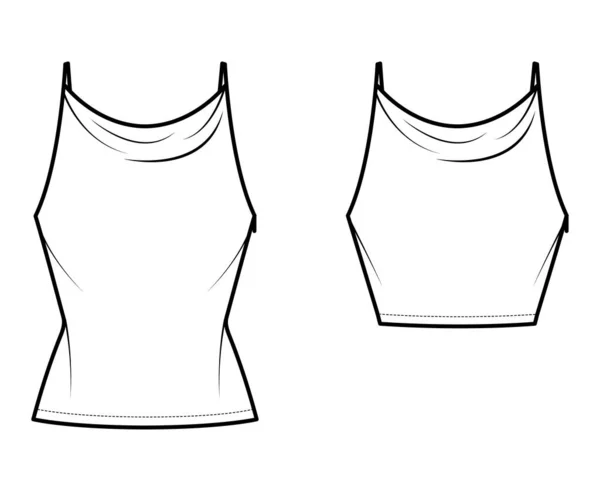 Conjunto de tanques de capuz alto Camisolas ilustração de moda técnica com costura império, tiras ajustáveis finas, colheita ou túnica —  Vetores de Stock