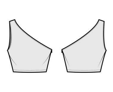 Tek omuzlu, tankın üst tarafı, ince vücutlu, bel uzunluğu düz tişörtlü, teknik tasvirler.