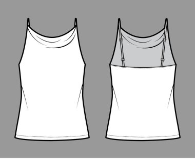 Yüksek tanklı Camisole teknik moda illüstrasyonu ince ayarlanabilir kayışlar, büyük beden tunik uzun düz giysi