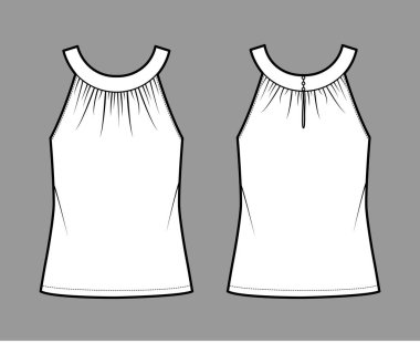 Üst düzey boyun bandı, teknik moda illüstrasyonu, büyük boy, düğme deliği, tunik uzunluk aşımı