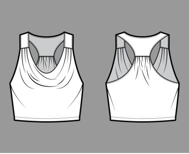 Tank yarış önlüğü üst düzey teknik moda illüstrasyonlu, geniş, bel uzunluğunda. Düz giyim.