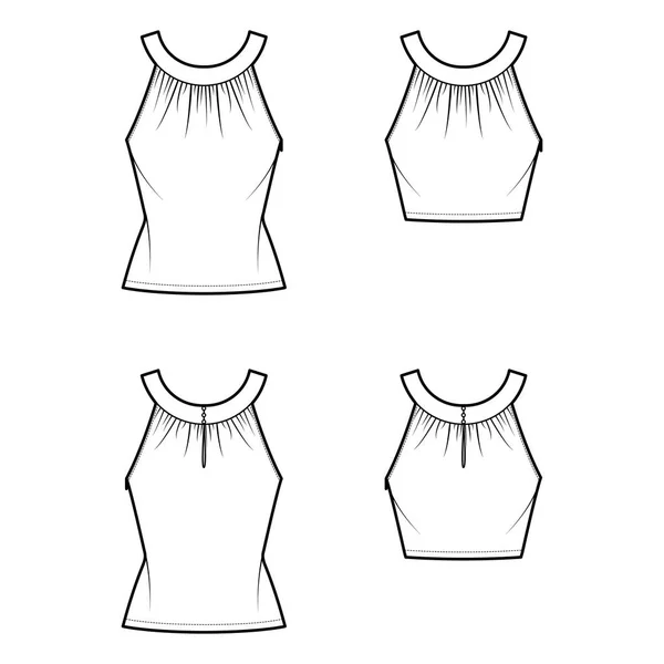 Conjunto de Tops redondeado cuello banda tanque técnica moda ilustración con acanalado, cuerpo ajustado, túnica y dobladillo de longitud de la cintura — Vector de stock