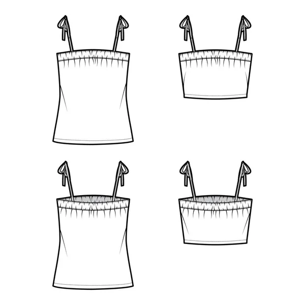 Ensemble de débardeurs cravate strap tops illustration de mode technique avec rucher, surdimensionné, tunique et longueur de taille. Vêtements plats — Image vectorielle