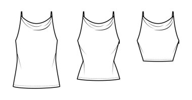 Set of Tanks high cowl Camisole technical fashion illustration with empire seam, thin adjustable straps, Crop or tunic