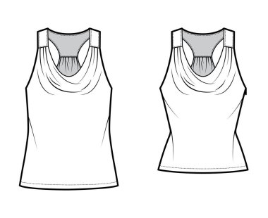 Set of Tanks racerback cowl crop tops technical fashion illustration with ruching, oversized, fitted body, tunic length