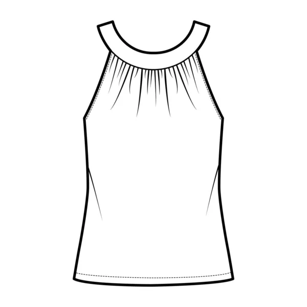 Top arredondado pescoço banda tanque técnico moda ilustração com ruching, oversized, botão fechadura, túnica comprimento outwear —  Vetores de Stock