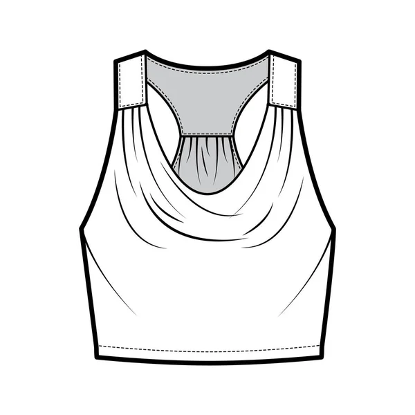 Tank racerback cowl gewas top technische mode illustratie met ruching, oversized, taille lengte. Schoeisel met platbinding — Stockvector