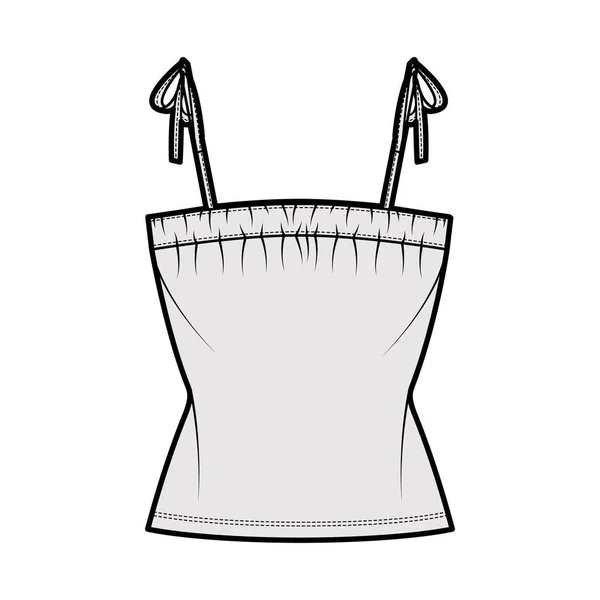 Tirante de corbata superior ilustración técnica de moda con acanalado recogido en el cuello, cuerpo ajustado, longitud de la túnica. Ropa plana — Vector de stock