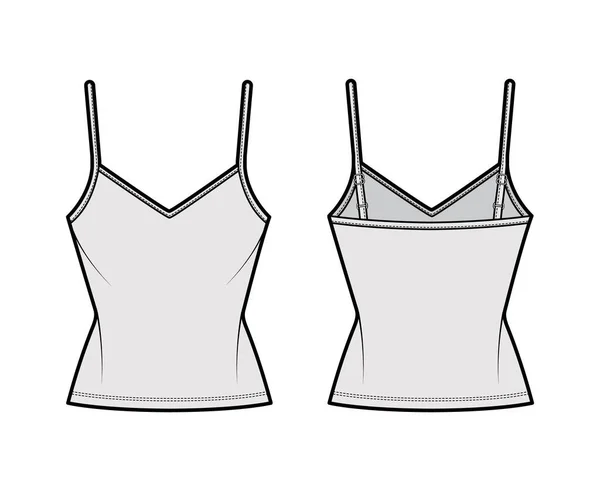 Camisole V-neck cotton-jersey top ilustracja moda techniczna z cienkimi regulowanymi ramiączkami, smukłe dopasowanie, długość tuniki — Wektor stockowy