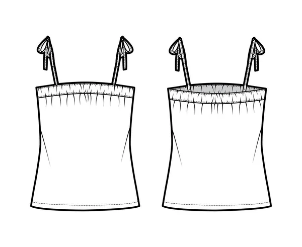 Tank tie strap top ilustração de moda técnica com ruching, oversized, comprimento túnica. Camisa de roupa de vestuário plana — Vetor de Stock
