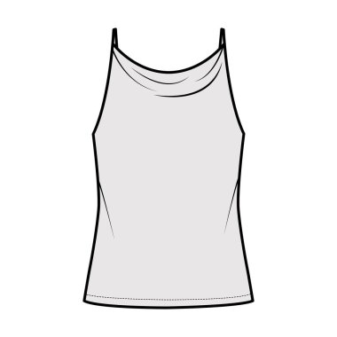 Yüksek tanklı Camisole teknik moda illüstrasyonu ince ayarlanabilir kayışlar, büyük beden tunik uzun düz giysi