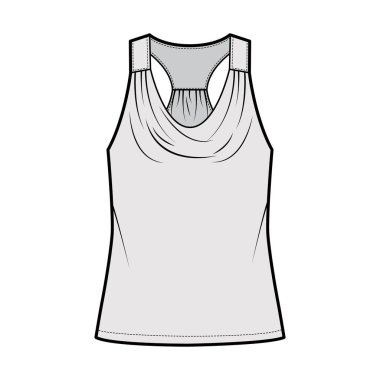 Tank yarış önlüğü, en iyi teknik moda illüstrasyonudur. Çırpma, büyük boy, tunik uzunluklu. Düz giyimli üstlük.