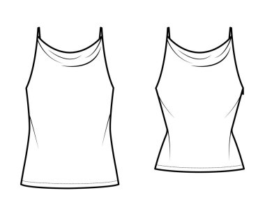 Tanklar yüksek önlüklü Camisoles İmparatorluk dikişli teknik moda illüstrasyonu ince ayarlanabilir kayışlar, tunik uzunluk