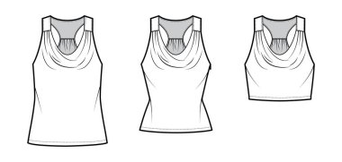 Set of Tanks racerback cowl crop tops technical fashion illustration with ruching, oversized, fitted body, waist, tunic