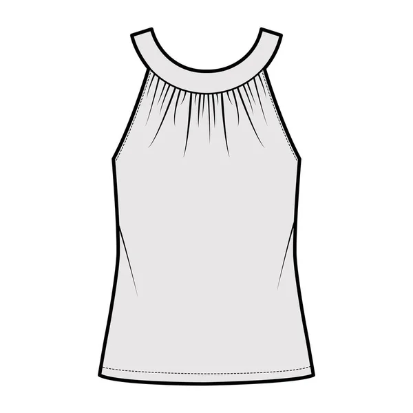 Top redondeado cuello banda tanque técnica moda ilustración con acanalado, de gran tamaño, botón de ojo de cerradura, ropa de abrigo de longitud túnica — Vector de stock