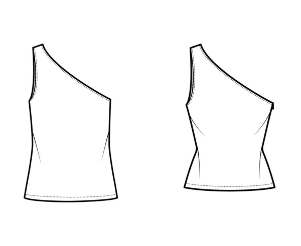 Set of One-shoulder tops tank technical fashion illustration with oversized and fitted body, tunic length hem. — Archivo Imágenes Vectoriales