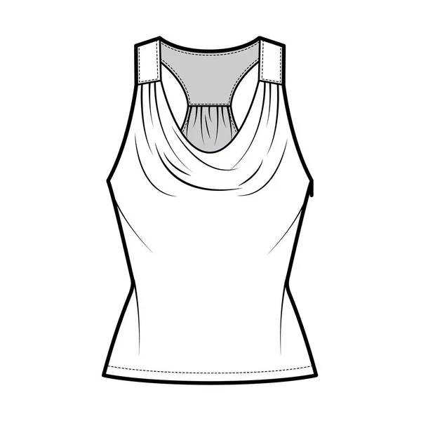 Tank racerback cowl top technische mode illustratie met ruching, gemonteerd lichaam, tuniek lengte. Schoeisel met platbinding — Stockvector