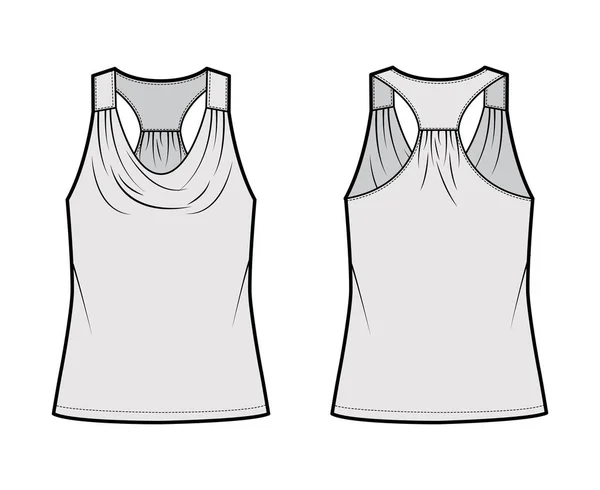 Tank racerback cappuccio top illustrazione tecnica di moda con increspatura, oversize, lunghezza tunica. Abbigliamento piatto camicia outwear — Vettoriale Stock