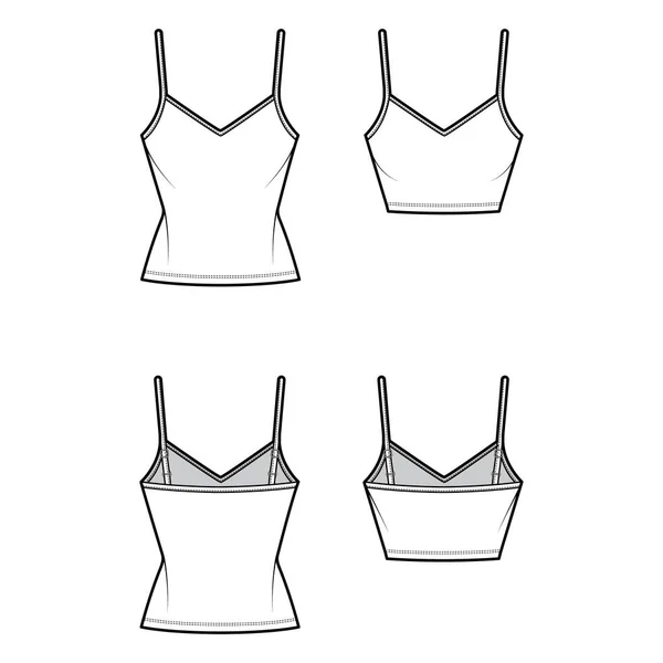 Set of Camisoles V-neck cotton-jersey top technical fashion illustration with thin straps slim fit, tunic or crop length — Vector de stock