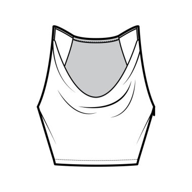Tank low cowl Crop Camisole technical fashion illustration with thin adjustable straps, slim fit, waist length. Flat 