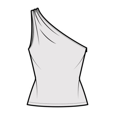 Top One-shoulder with ruching tank technical fashion illustration with fitted slim body, tunic length. Flat outwear