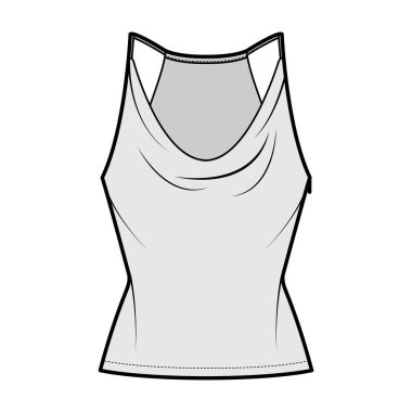 Tank low cowl Camisole technical fashion illustration with thin adjustable straps, slim fit, tunic length. Flat apparel 