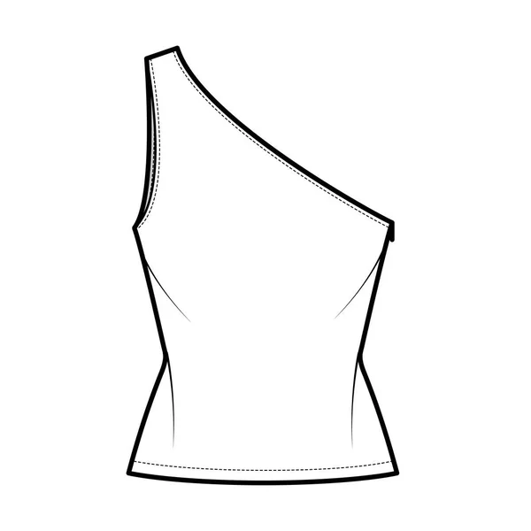Ilustración técnica de moda de tanque superior de un hombro con cuerpo delgado ajustado, dobladillo de longitud de túnica. Ropa de camisa de outwear plana — Archivo Imágenes Vectoriales