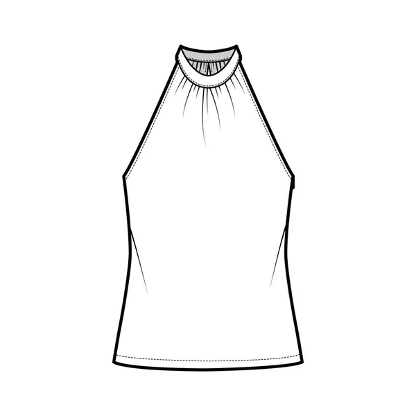 Top banded high neck halter tank technical fashion illustration with wrap, oversized, tunic length. Flat apparel outwear — Archivo Imágenes Vectoriales