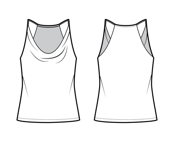 Tank low cowl Crop Camisole technical fashion illustration with thin adjustable straps, oversized, waist length. Flat — Stockvektor